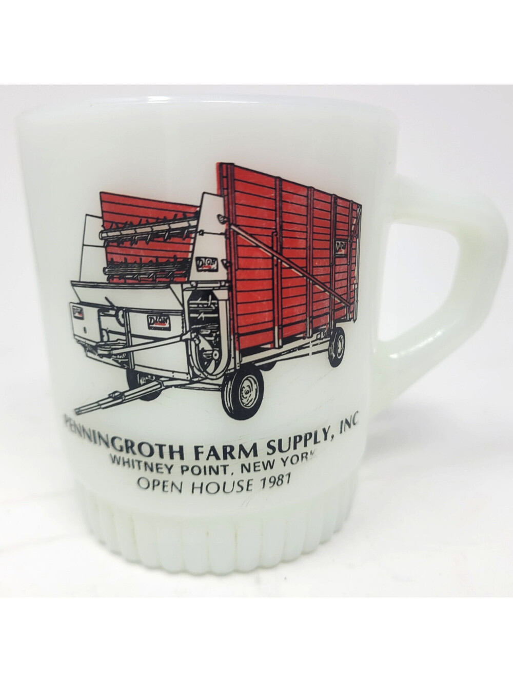Fire King Milk Glass Penningroth Farm Supply Whitney Point NY Mug 1981 Cup